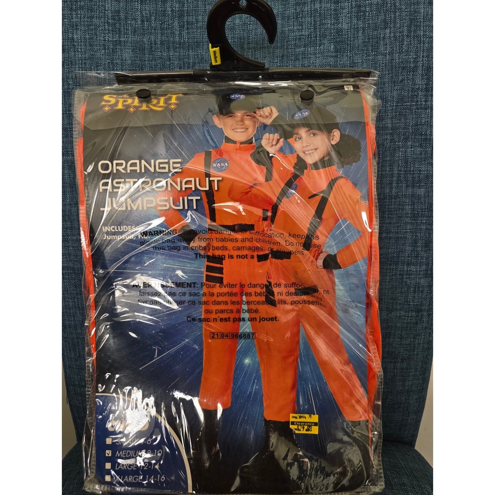 Spirit Halloween Kids Orange NASA Astronaut Jumpsuit Costume Set Medium 8-10